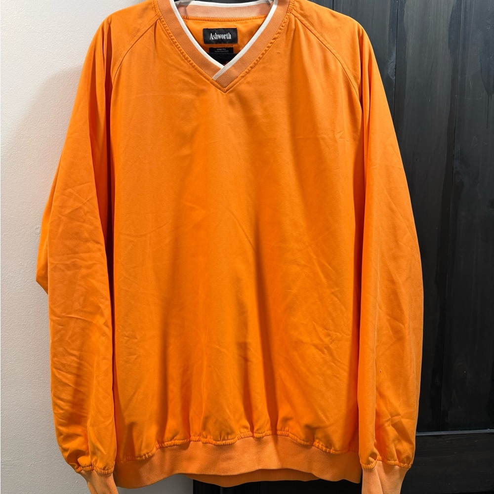 Ashworth Men's Bright Orange V-Neck Windbreaker Gold Pullover